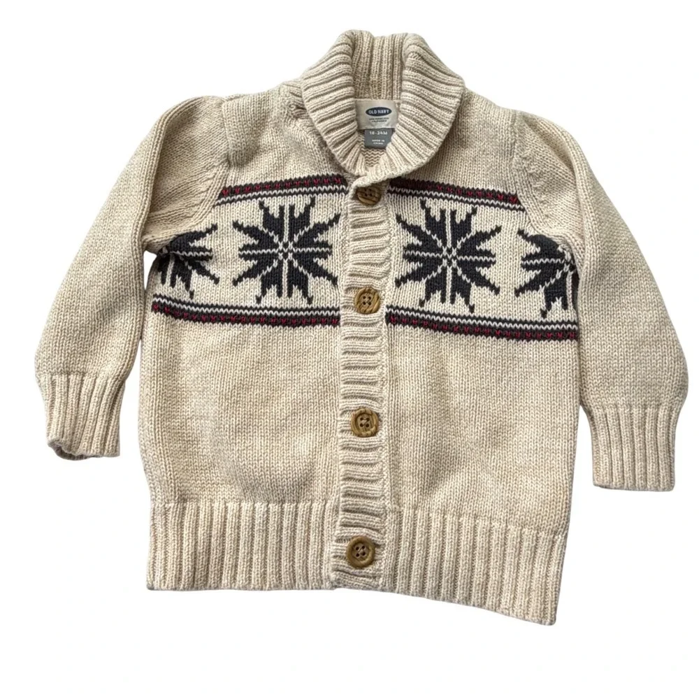 Old Navy Toddler Boys Fair Isle Shawl Collar Cardigan Sweater Oatmeal 18-24M